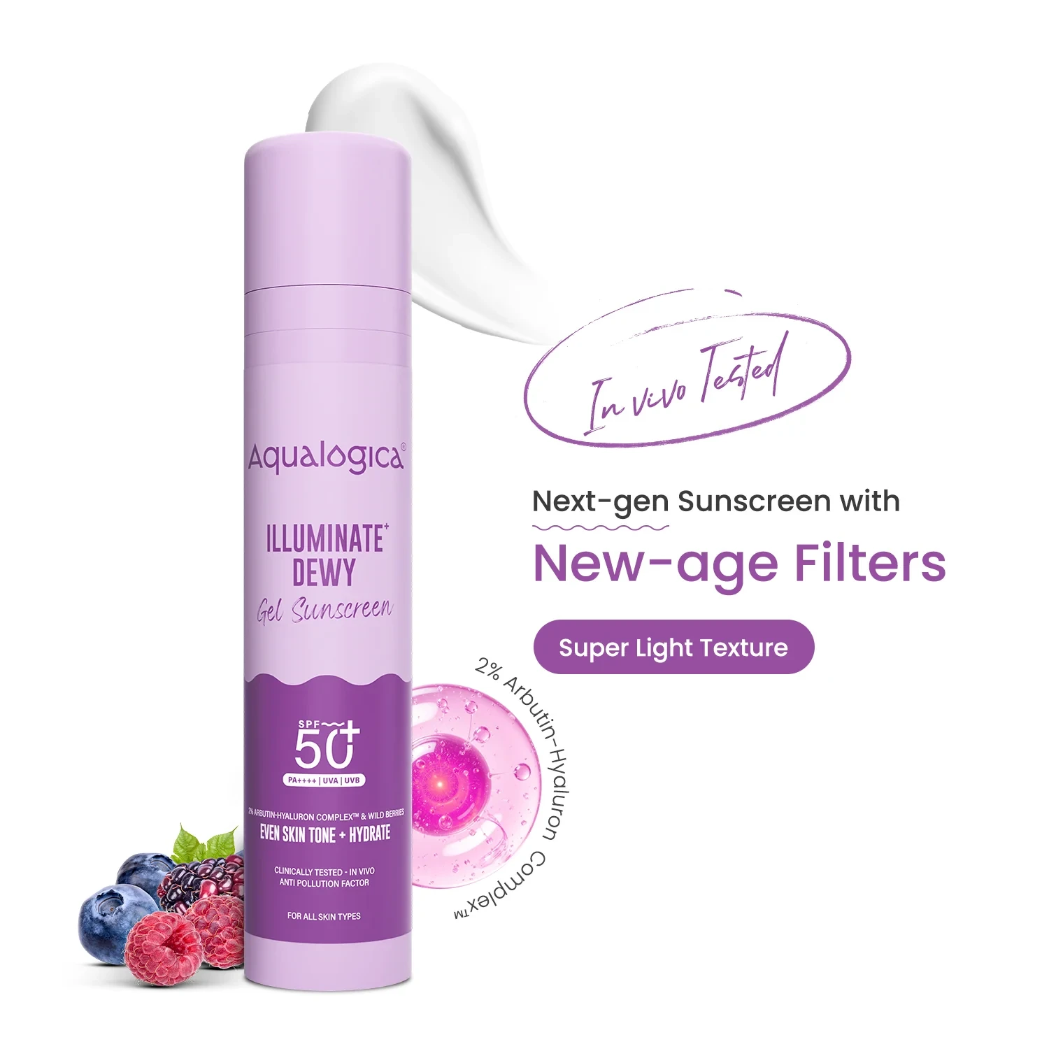 Aqualogica Illuminate+ Dewy Gel Sunscreen SPF 50+ PA++++ (Red Wild Berries) - 50g - 7 Aqualogica Illuminate+ Dewy Gel Sunscreen SPF 50+ PA++++ (Wild Berries) - 50g - Image 1